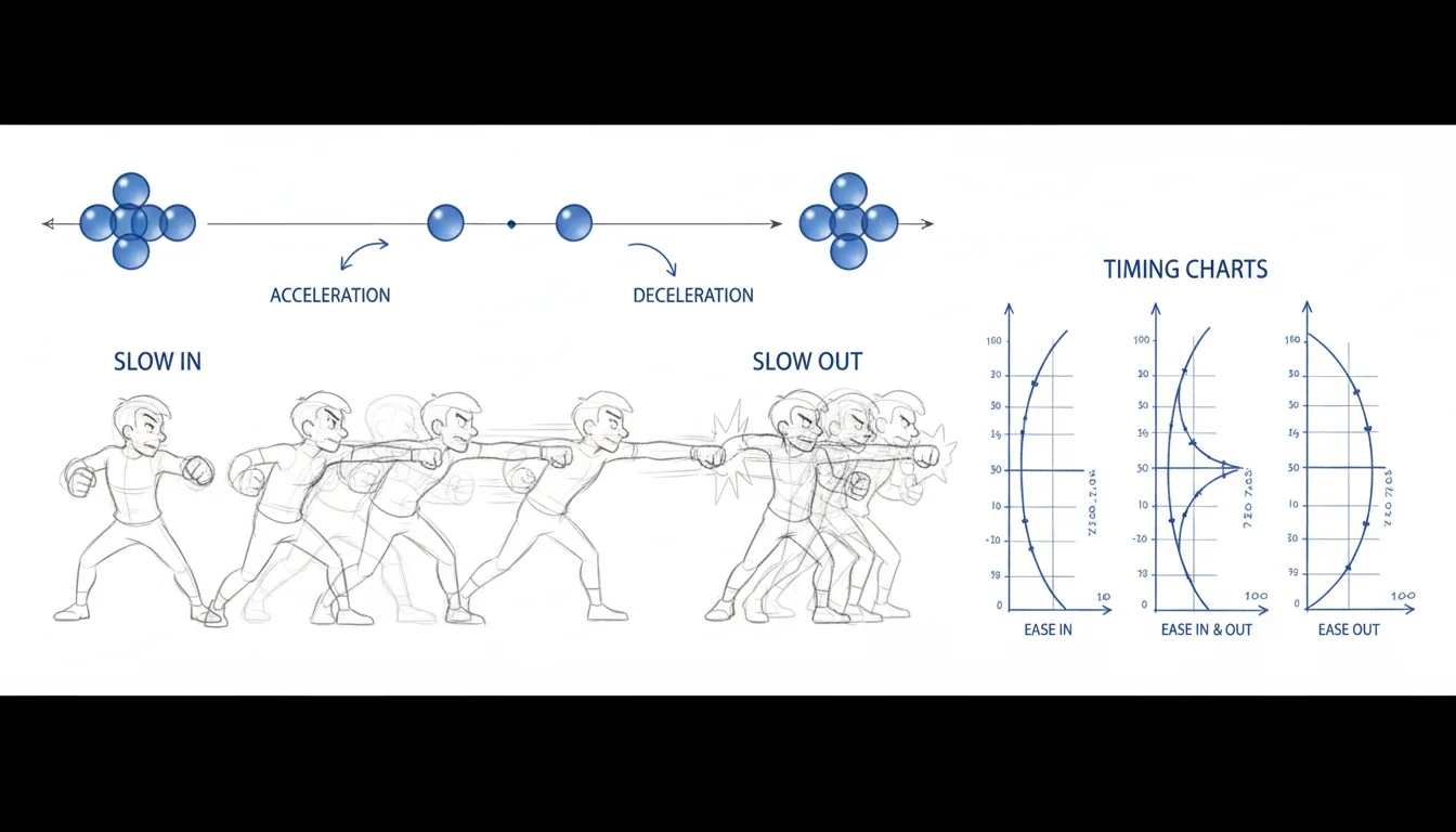 An educational infographic illustrating the "Slow In and Slow Out" animation principle on a clean white background. The composition includes a horizontal sequence of 3D rendered blue spheres, clustered at the start and end but spaced far apart in the middle, demonstrating acceleration and deceleration over a simple timeline. Below, a sequence of hand-drawn character sketches in a loose pencil style shows a cartoon figure throwing a punch, using onion-skinning with multiple overlapping transparent frames to visualize the motion. To the side, several hand-drawn vertical timing charts with abstract numbers and arcs in blue ink. Digital illustration, textbook style.