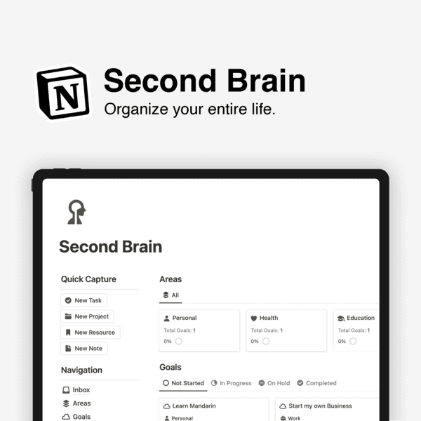 An image showing the Notion template 'Second Brain' by KinaNotion