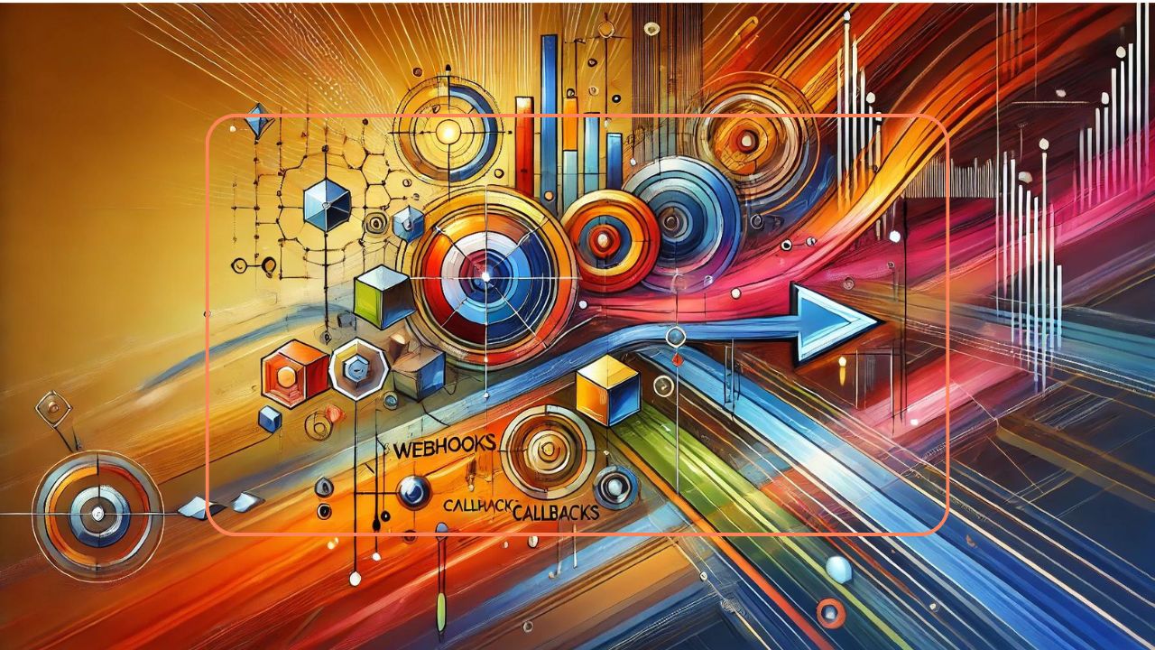 Abstract digital artwork with colorful geometric shapes, charts, and arrows symbolizing data flow and web technologies