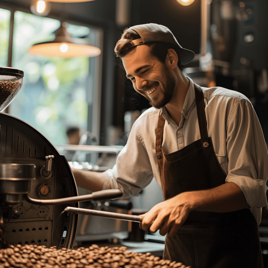 A man roasting the beans smiling while doing his work