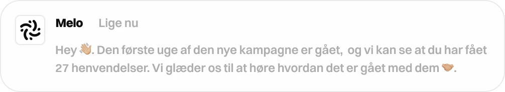Illustration af opfølgende besked fra Melo Studio til en kunde omkring en succesfuld META kampagne