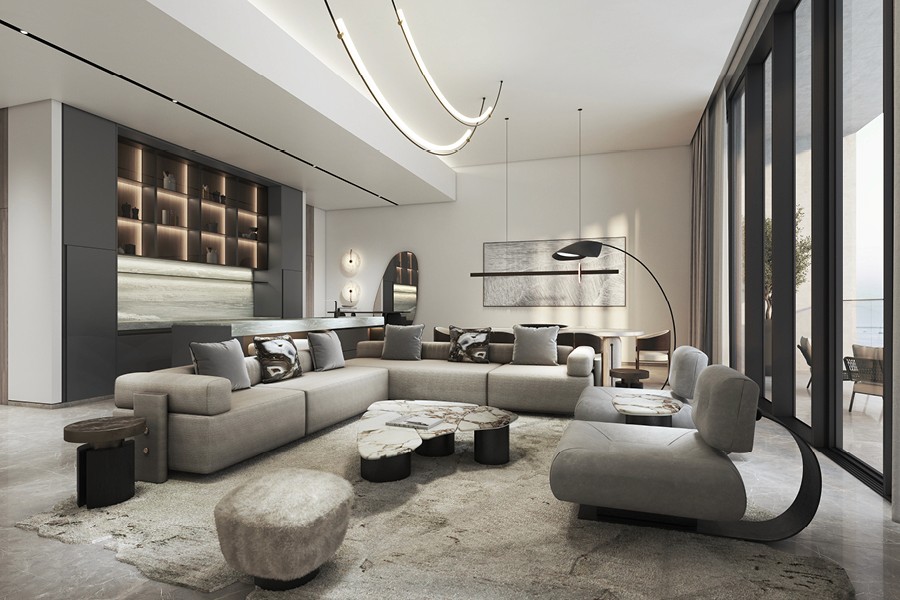 The spacious living room in a W Residences apartment, with floor-to-ceiling windows.
