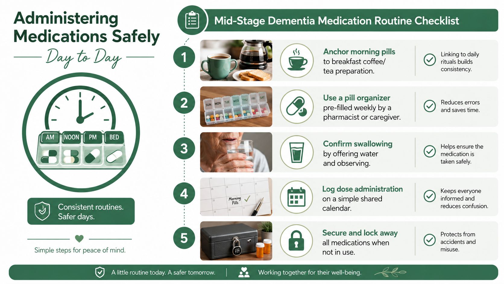 A checklist of five practical steps for caregivers to safely administer medications for people with mid-stage dementia.