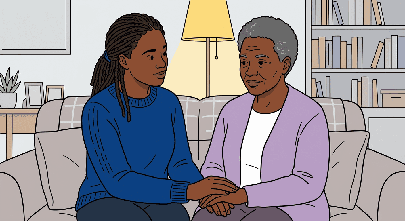 Illustration of a younger caregiver sharing a quiet tender moment with an older woman