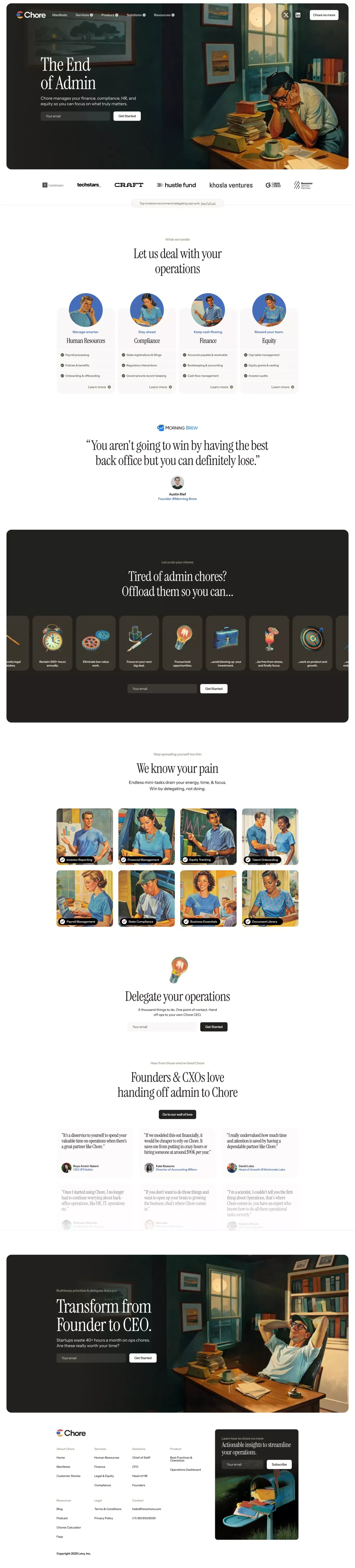 Chore landing page screenshot showcasing Finance and HR design