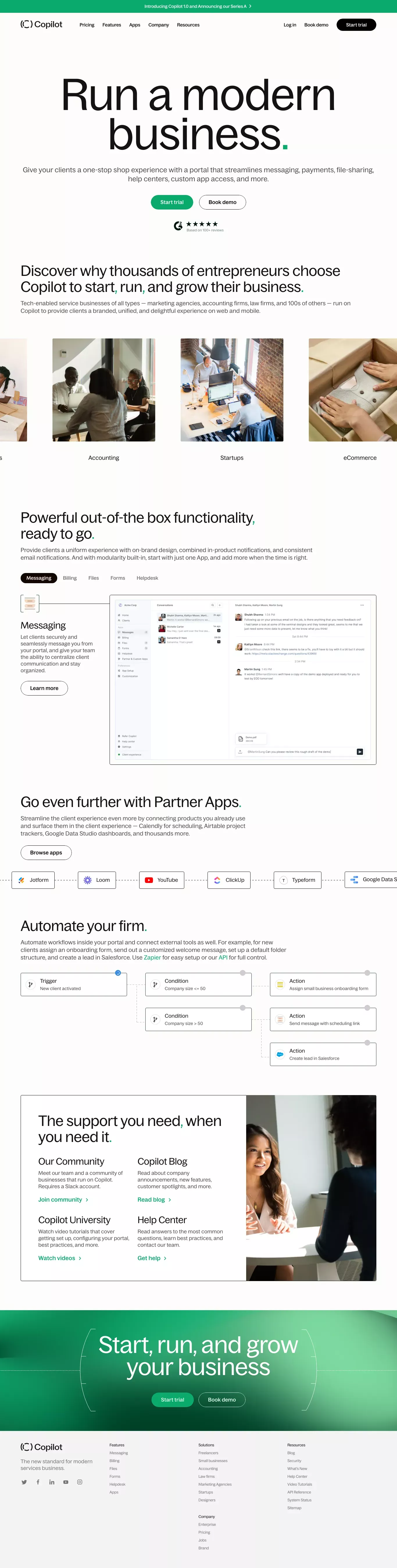Copilot landing page screenshot showcasing Tech and Finance design