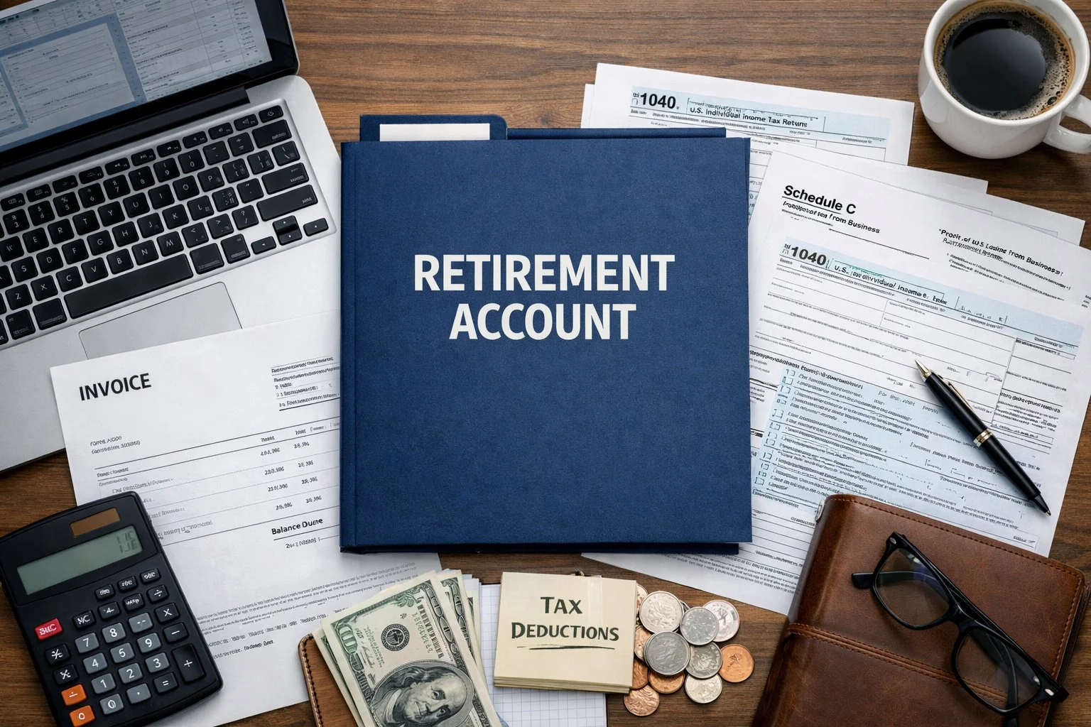 Small business workspace with a laptop, invoices, and tax forms arranged around a retirement account folder, representing financial planning and control.