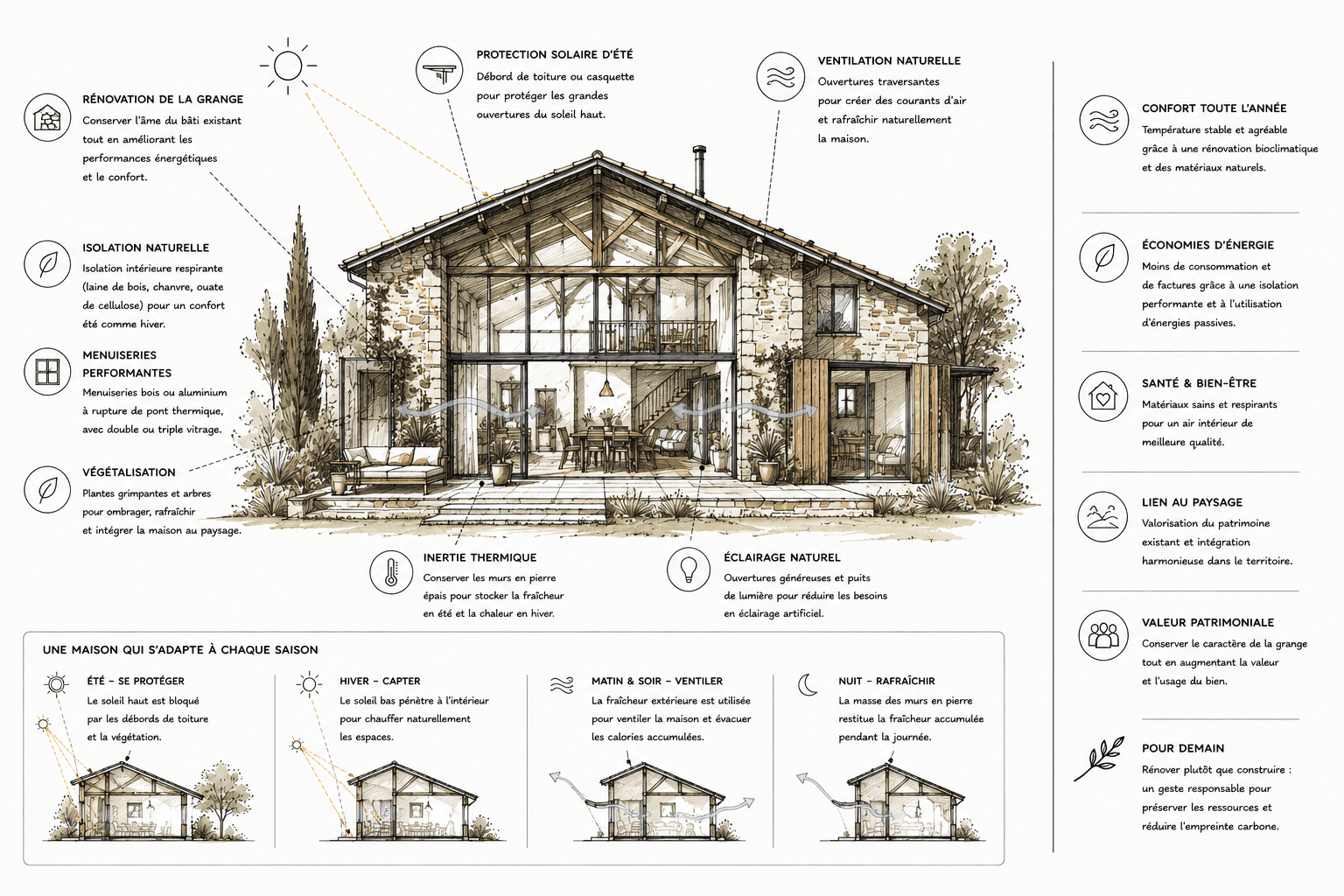 rénovation de grange, réhabilitation de grange, transformation de bâtiment agricole, rénovation patrimoniale, réhabilitation du bâti ancien, architecture rurale contemporaine, valorisation du patrimoine, rénovation durable, rénovation énergétique, architecture résidentielle, architecte DPLG, agence d’architecture, projet architectural sur mesure, habitat d’exception. architecture bioclimatique, conception bioclimatique, architecture durable, bâtiment durable, construction responsable, rénovation responsable, architecture passive, sobriété énergétique, performance environnementale, confort thermique passif, adaptation climatique, habitat résilient, bâtiment bas carbone, projet durable. grange rénovée, maison de caractère, maison en pierre, pierre apparente, patrimoine rural, bâtisse ancienne, architecture vernaculaire, rénovation de ferme, maison de campagne contemporaine, dialogue entre ancien et contemporain, charme de l’ancien, authenticité architecturale. protection solaire, débords de toiture, avancées de toiture, protection des façades, contrôle de l’ensoleillement, confort d’été, architecture climatique, gestion des apports solaires, architecture adaptée au climat méditerranéen, habitat confortable en été, rafraîchissement passif. ventilation naturelle, ventilation traversante, circulation naturelle de l’air, rafraîchissement nocturne, confort thermique naturel, habitat respirant, qualité de l’air intérieur, ventilation bioclimatique, refroidissement passif, architecture saine, maison naturellement tempérée. inertie thermique, murs en pierre, pierre naturelle, régulation thermique, stockage de la fraîcheur, confort thermique toute l’année, enveloppe performante, matériaux à forte inertie, architecture passive, efficacité énergétique, stabilité des températures. isolation naturelle, matériaux biosourcés, laine de bois, fibre de bois, isolation écologique, matériaux durables, construction écologique, rénovation énergétique performante, habitat sain, architecture responsable, ressources locales, confort intérieur durable. grandes baies vitrées, façade vitrée, lumière naturelle, éclairage naturel, architecture lumineuse, apport solaire passif, vue sur le paysage, transparence architecturale, ouverture sur l’extérieur, confort visuel, maison lumineuse, architecture contemporaine. menuiseries performantes, menuiseries aluminium, performance thermique, performance énergétique, enveloppe du bâtiment, confort d’hiver, rénovation énergétique globale, habitat basse consommation, bâtiment performant, architecture durable. végétalisation, arbres d’ombrage, végétation locale, paysage rural, biodiversité, jardin naturel, intégration paysagère, architecture et paysage, nature protectrice, îlot de fraîcheur, végétalisation des abords, cadre de vie durable. maison bioclimatique, maison passive, maison écologique, habitat durable, confort toute l’année, qualité de vie, bien-être, santé dans le bâtiment, habitat sain, architecture du bien-être, confort résidentiel, maison économe en énergie. réemploi de matériaux, conservation de l’existant, rénovation patrimoniale durable, économie circulaire, valorisation du bâti ancien, transformation responsable, réduction de l’empreinte carbone, architecture de réemploi, projet bas carbone, patrimoine et innovation. architecte Montpellier, architecte bioclimatique Montpellier, rénovation énergétique Montpellier, architecte durable Montpellier, architecture environnementale Montpellier, architecte Hérault, agence d’architecture durable. architecte Nîmes, architecte bioclimatique Nîmes, rénovation énergétique Nîmes, architecture écologique Nîmes, architecte Gard. architecte Perpignan, architecte bioclimatique Perpignan, rénovation énergétique Perpignan, architecture écologique Perpignan, architecte Pyrénées-Orientales. architecte Occitanie, rénovation de grange, réhabilitation patrimoniale, architecture bioclimatique Occitanie, maison en pierre rénovée, architecture durable, rénovation énergétique, confort d’été, ventilation naturelle, inertie thermique, isolation naturelle, matériaux biosourcés, réemploi des matériaux, valorisation du patrimoine rural, intégration paysagère, bâtiment responsable, maison écologique, habitat durable, projet architectural bas carbone, rénovation de caractère.