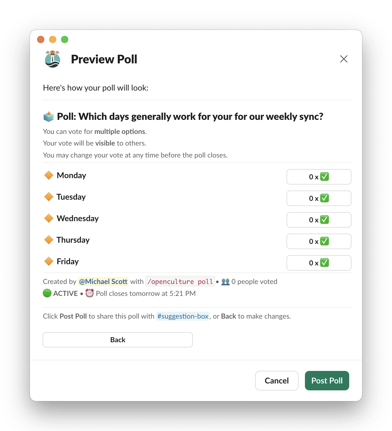 Slack app window for multiple choice poll preview