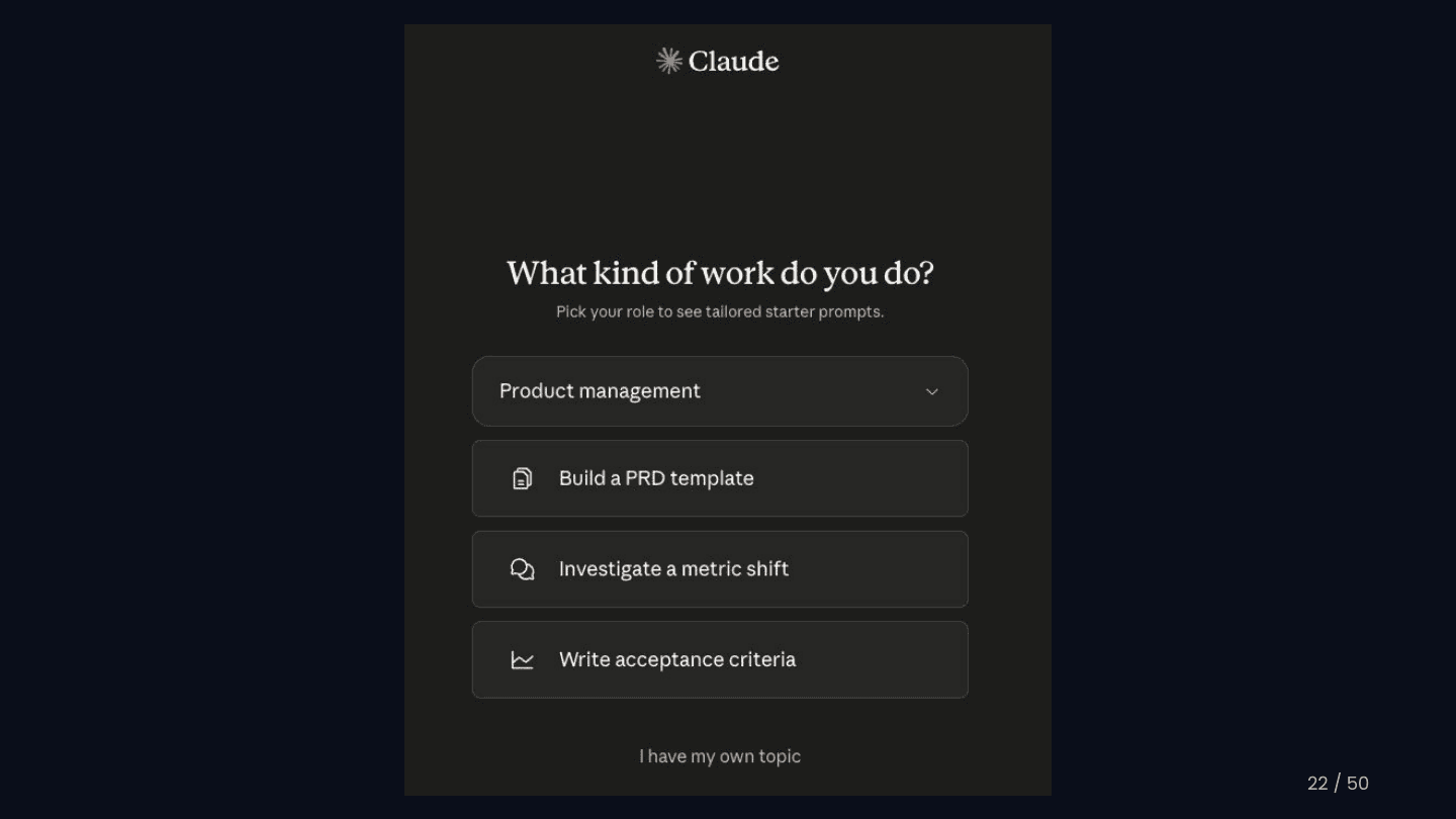 slide-16.png — Claude onboarding example: "Let's create your team" (Foldspace)