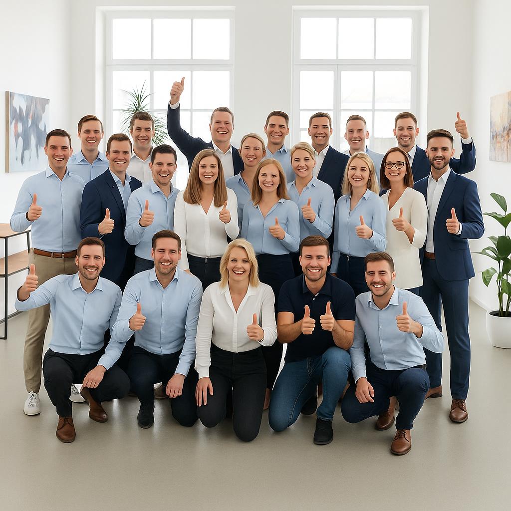 A diverse group of people smiling and posing energetically together in a warmly lit indoor setting, with plants and a large window in the background.