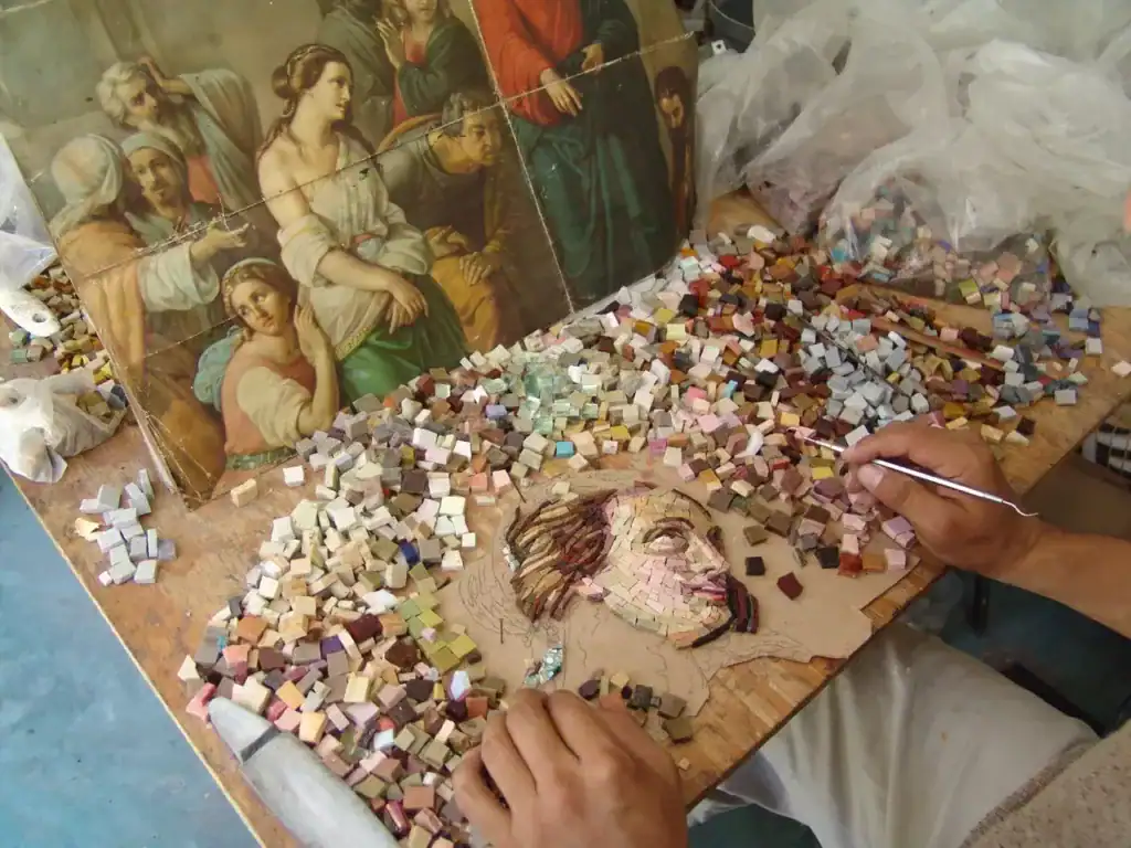 Custom religious mosaic of Mary Magdalene inspired by John 8:7.