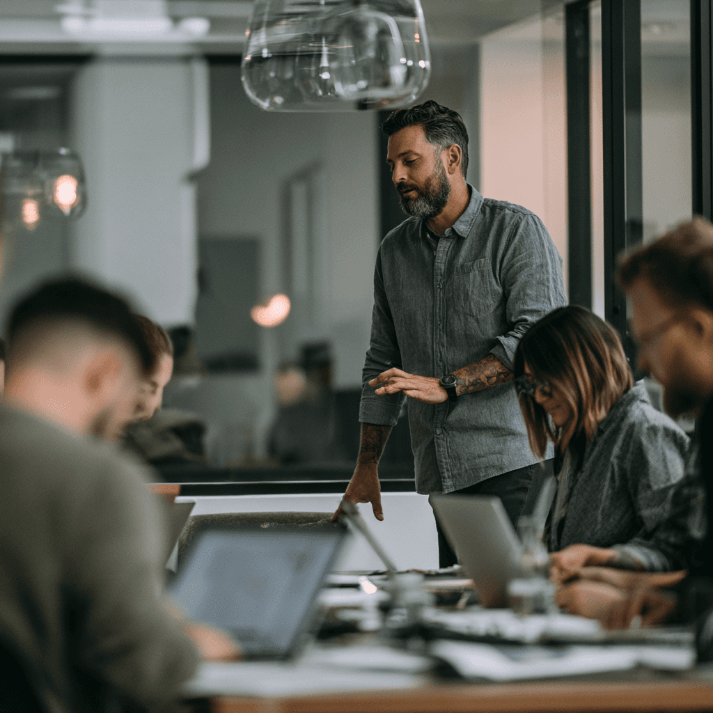 Team meeting where colleagues stay silent while one man dominates the discussion