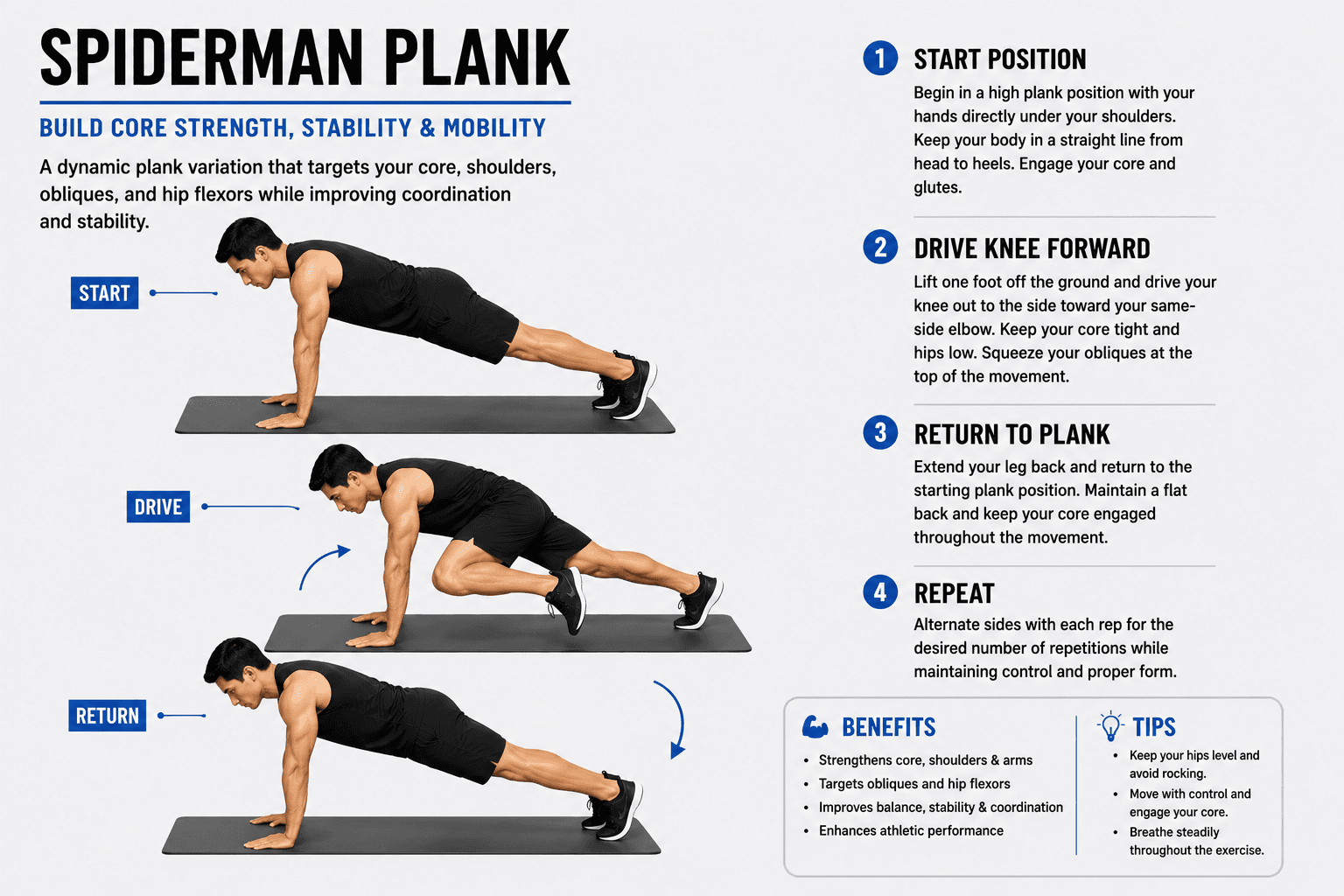 Image of a man performing spiderman plank exercise