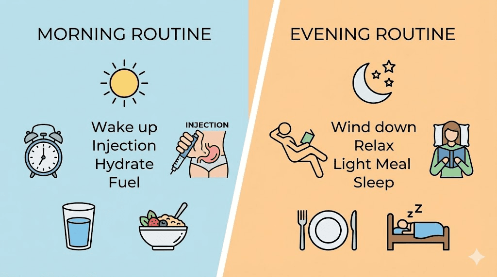 Morning vs evening semaglutide injection timing comparison infographic