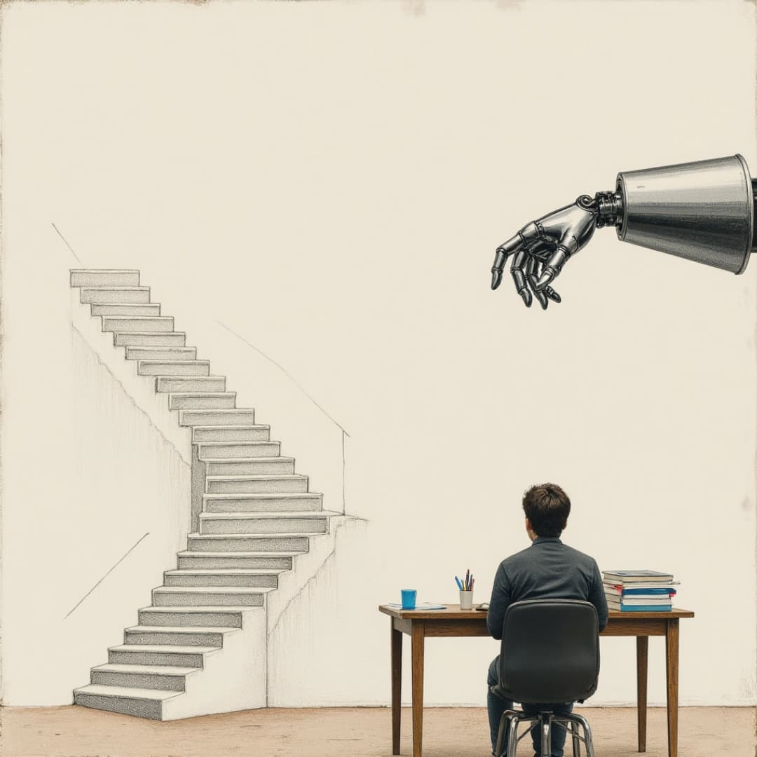 eine zeichnung, eine person sitzt an einem tisch, neben ihr ist eine treppe und über der person ist eine metallhand