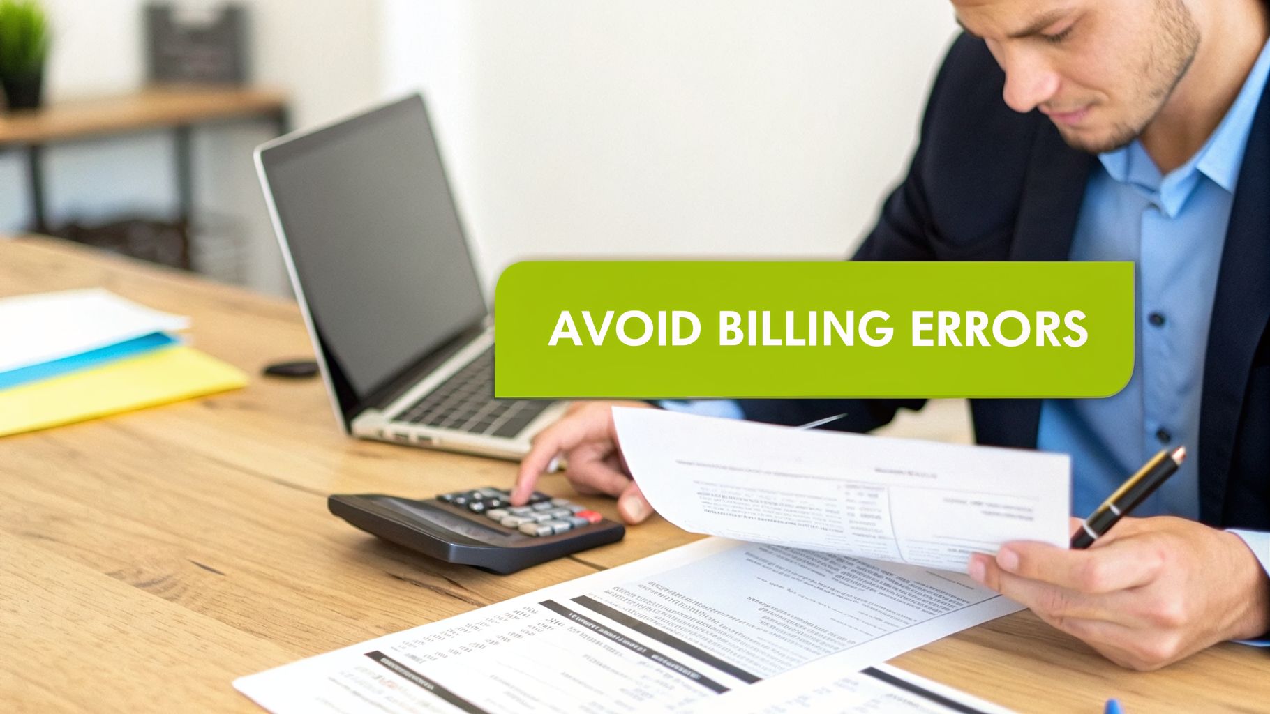 Man reviewing financial documents and using a calculator to avoid billing errors.
