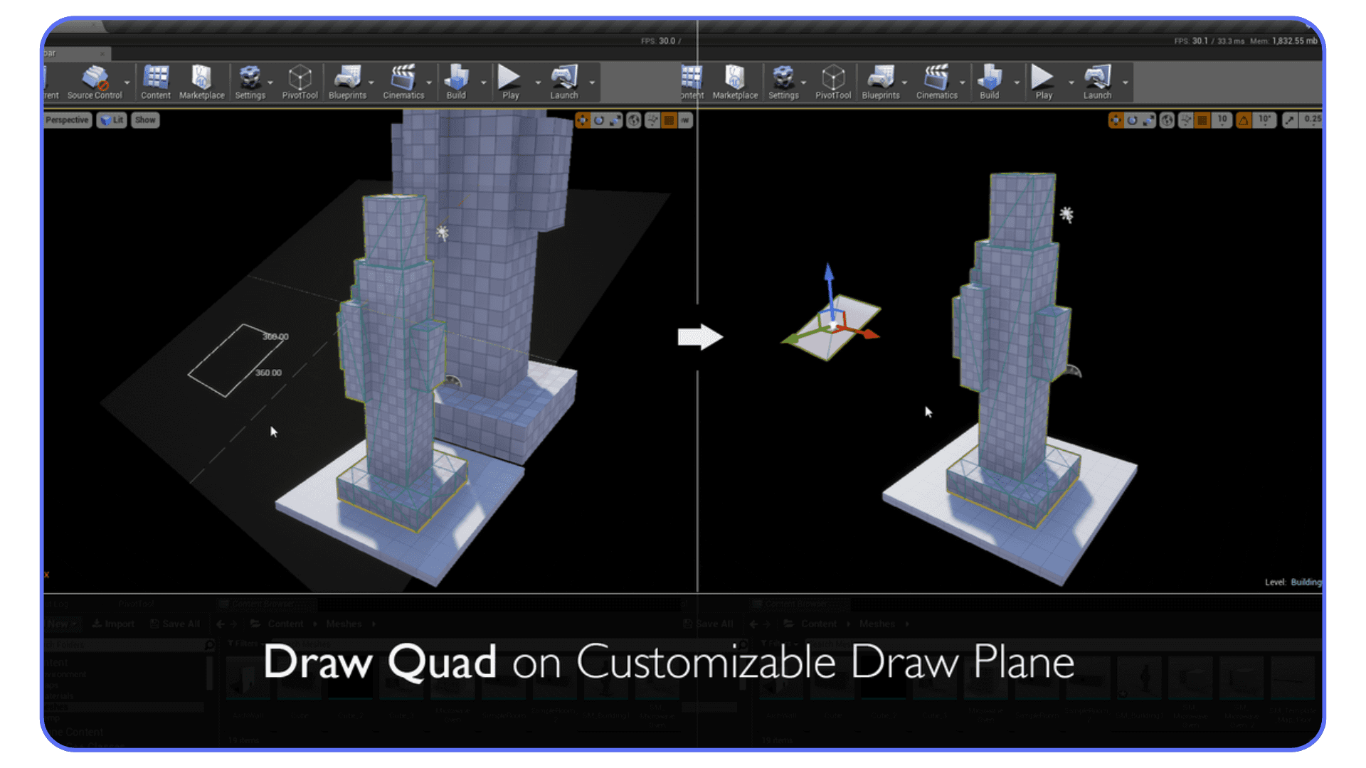 Demonstration of the Draw Quad modeling tool in Unreal Engine with customizable draw plane.