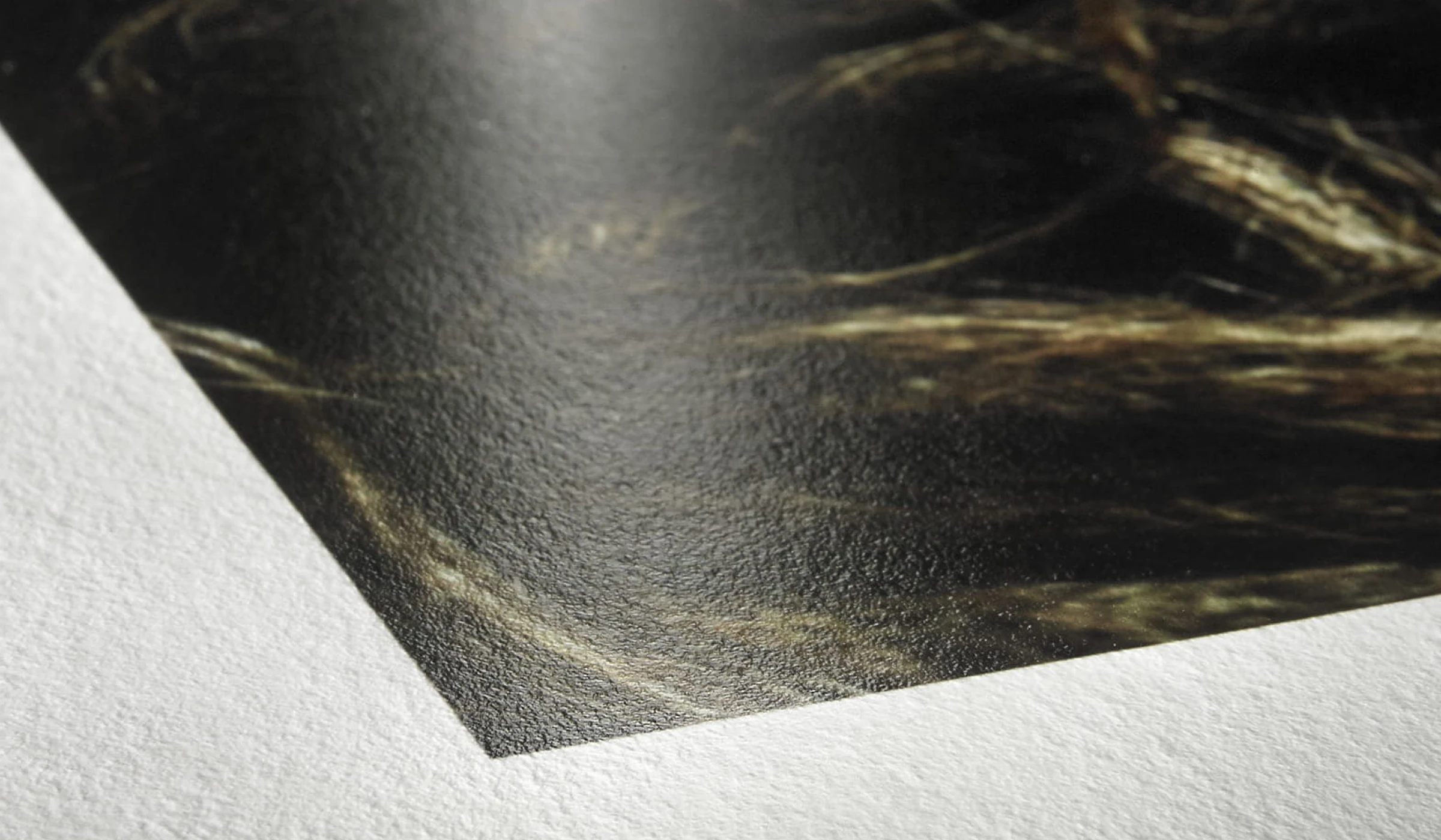 Makrofotografia wydruku na papierze Hahnemühle Photo Rag Baryta z widoczną strukturą powierzchni i detalami włosów