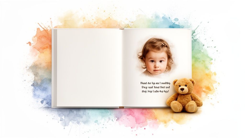 An open book features a baby girl's photo and text, with a teddy bear, surrounded by colorful watercolor splashes.