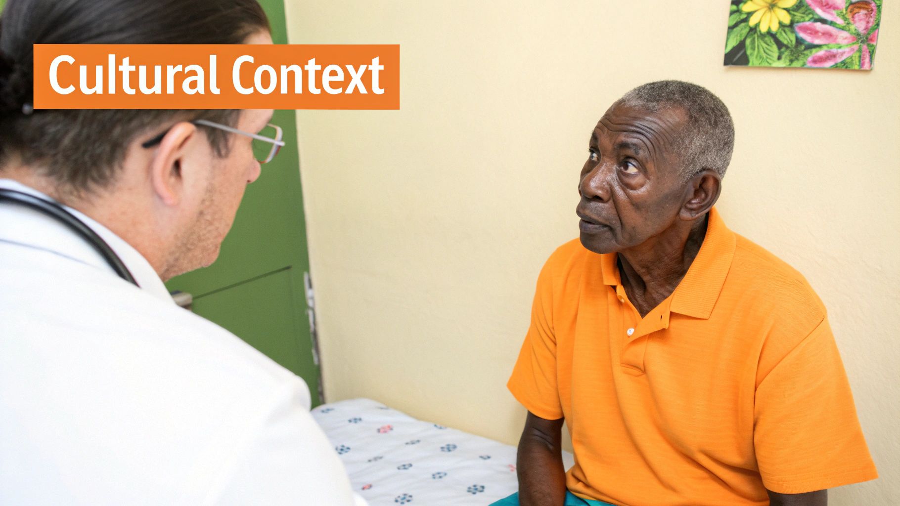 An elderly Black man in an orange shirt engages in a medical consultation with a doctor, highlighting cultural context.