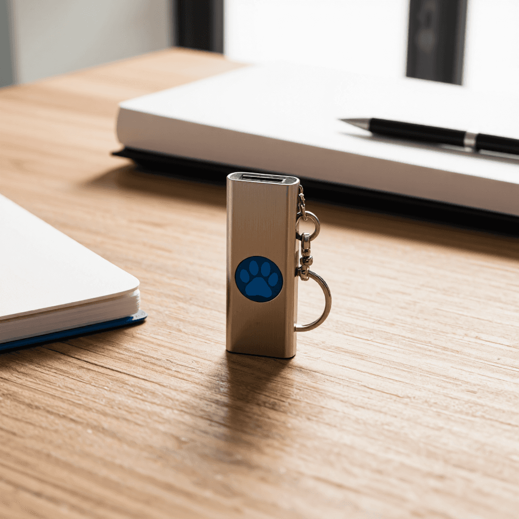 product photography of a USB flash drive with a keychain attachment, used for data storage