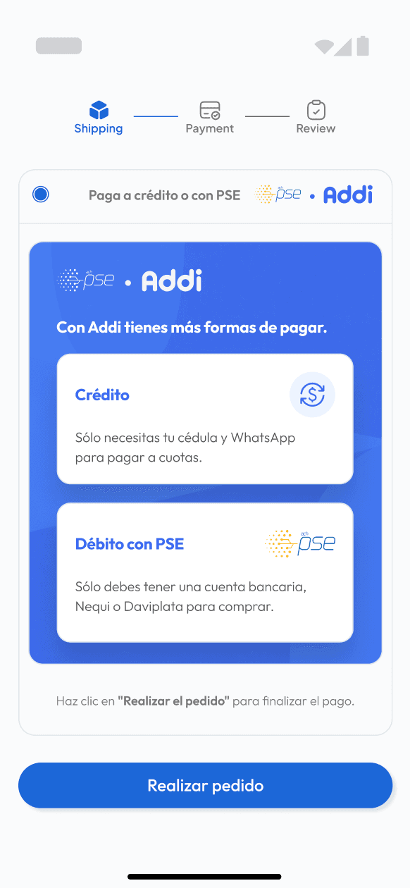 Pantalla de checkout de Addi para compras en ecommerce.