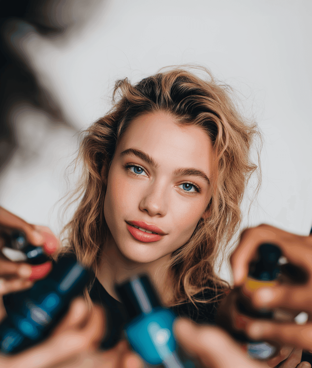 Close-up portrait of a woman with blonde hair, framed by several blue cosmetic bottles in the foreground.
