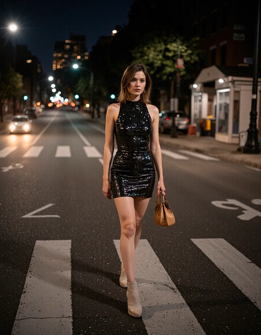 Elegant nighttime fashion portrait featuring a sequin dress against urban street backdrop with city lights and crosswalk