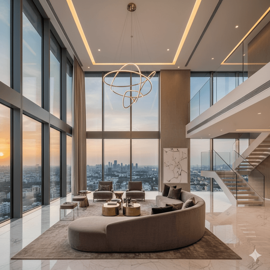 22-foot double-height living room in M3M Trump Towers 4BHK duplex