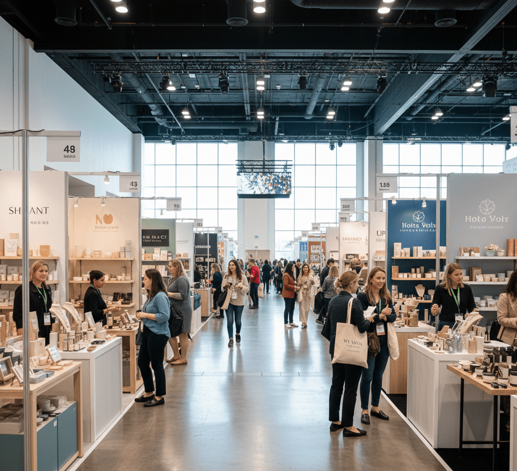 Interior of NY NOW 2026 at the Javits Center with wholesale gift, home, and jewelry exhibitor booths