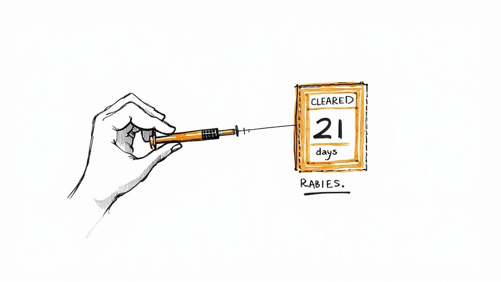 A hand holds a syringe pointing to a sign reading 'CLEARED 21 days RABIES'.