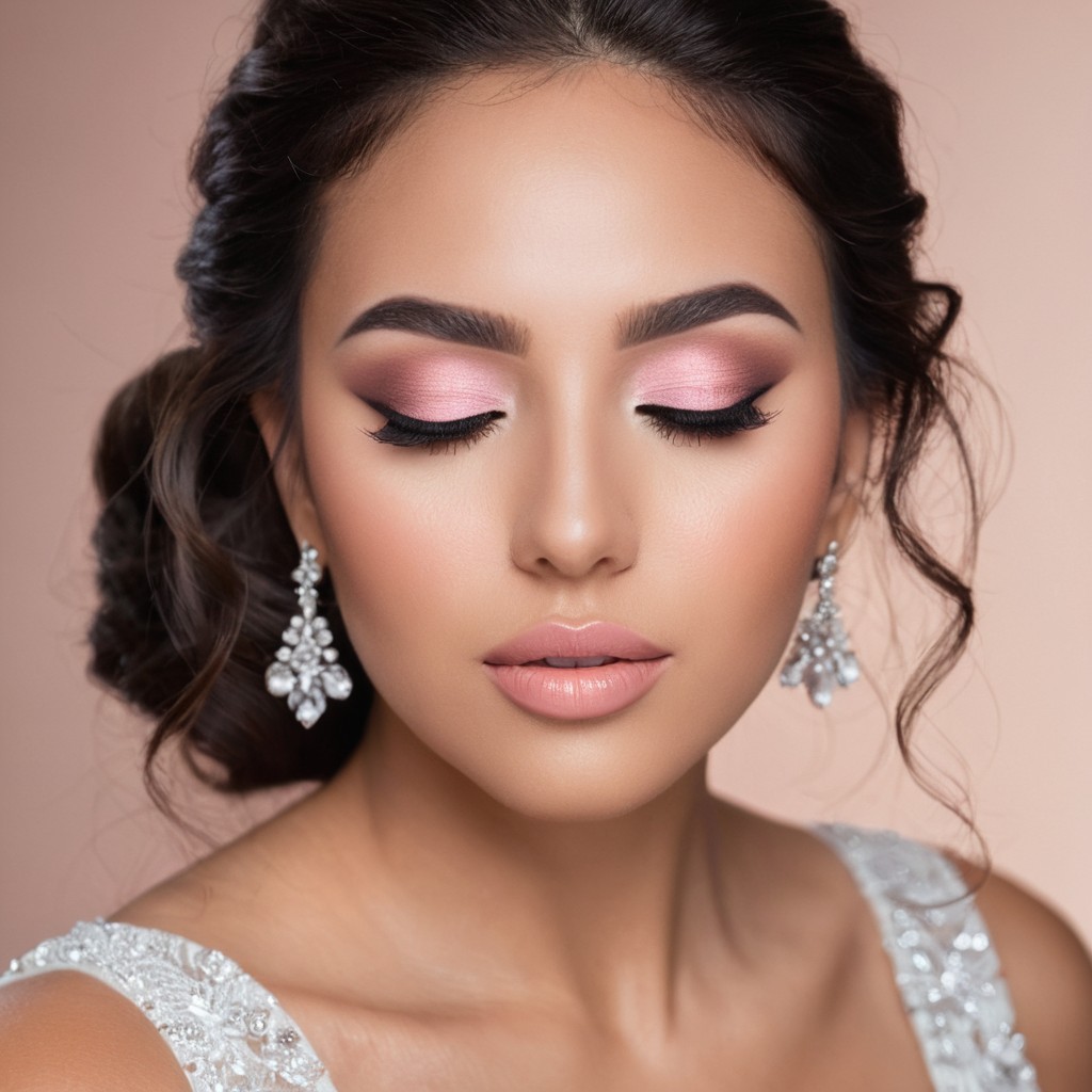 Mujer con maquillaje de novias/quinceañeras, labios naturales, sombras de ojos beige/rosadas para combinar con el vestido y delineador, en Carlos y Hugo Spa en Arequipa