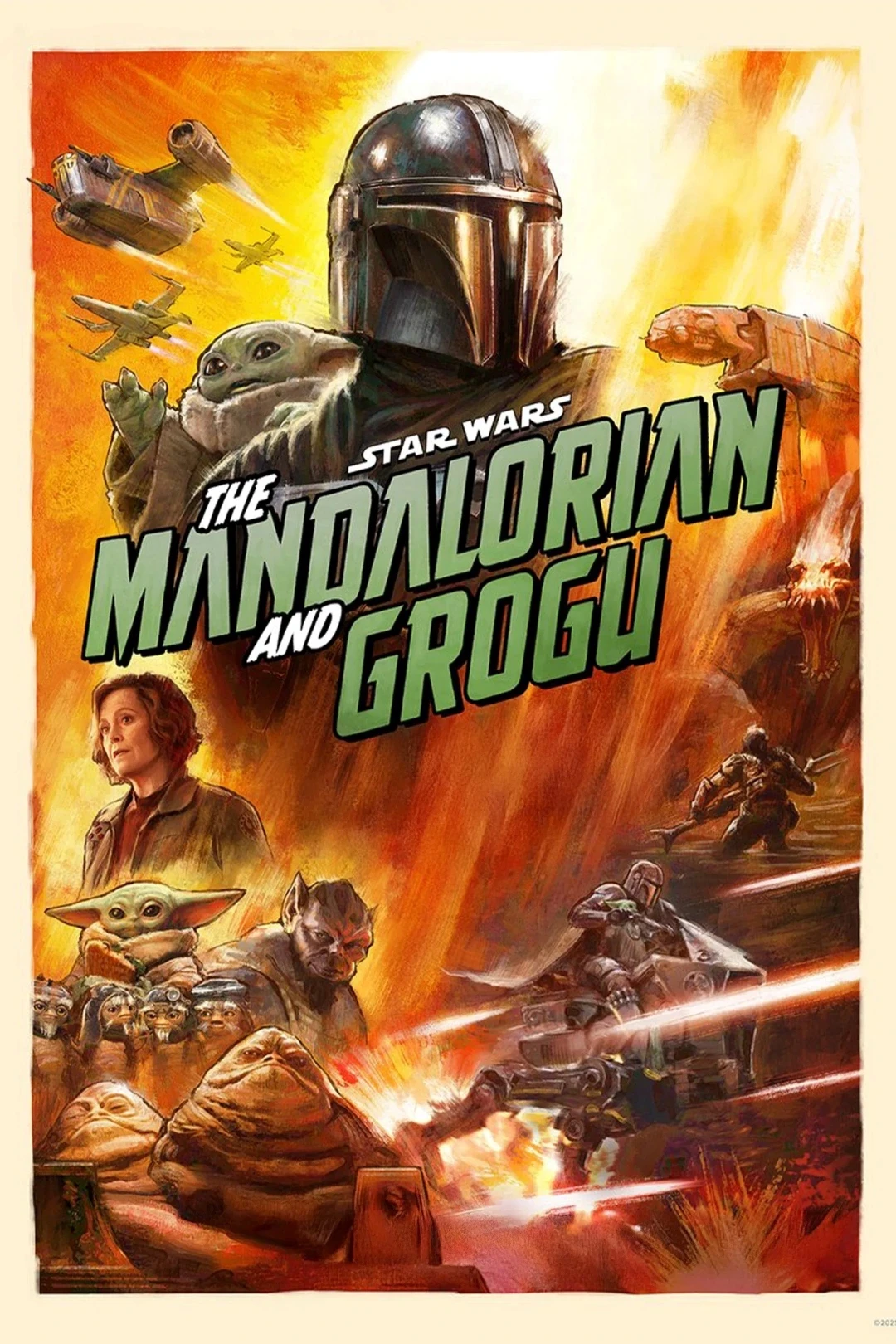 A dynamic "Star Wars: The Mandalorian and Grogu" poster showcasing the titular character in armour, Grogu, and other characters, set against a backdrop of spaceships and an intense, fiery explosion.