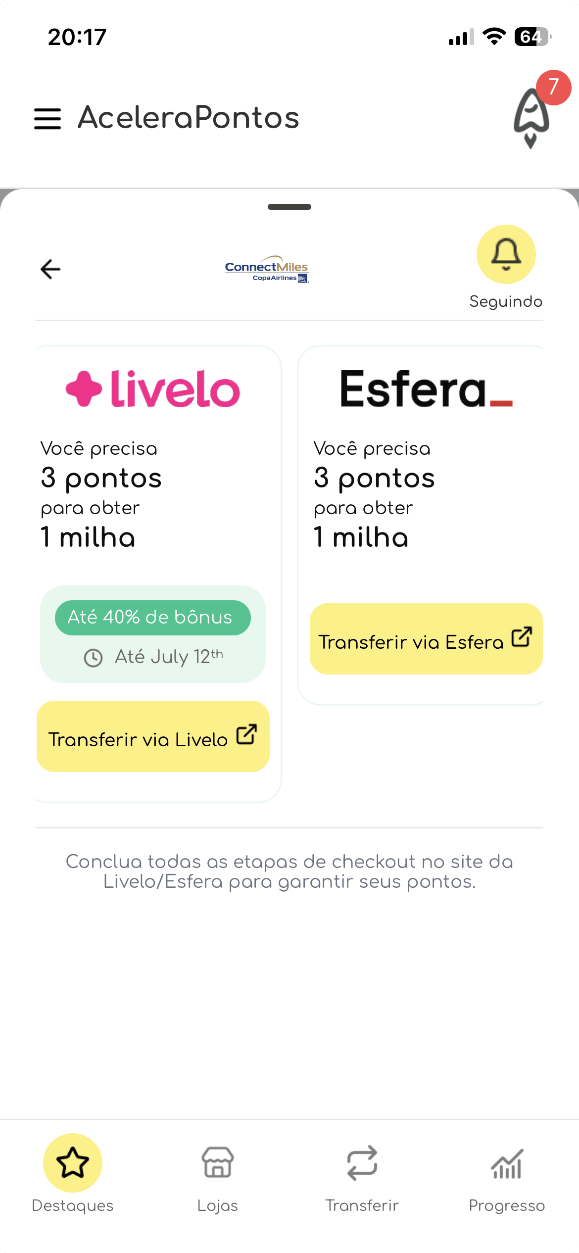 Tela do app de milhas AceleraPontos mostrando a paridade de transferência Livelo para ConnectMiles