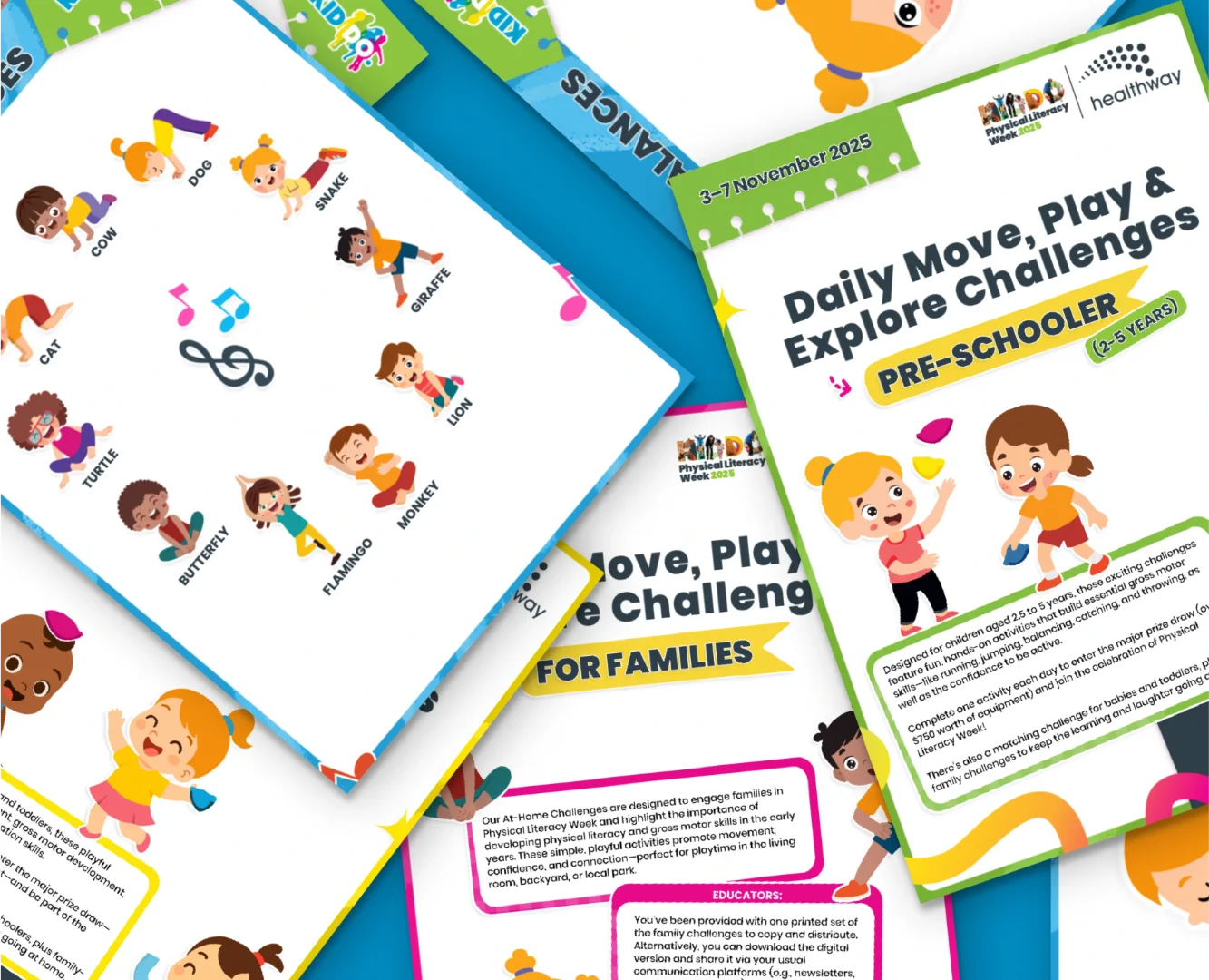 Graphic design for a child-focused educational kit, including character-led activity cards with bold typography and vibrant colours for the KIDDO Physical Literacy 2025 campaign.