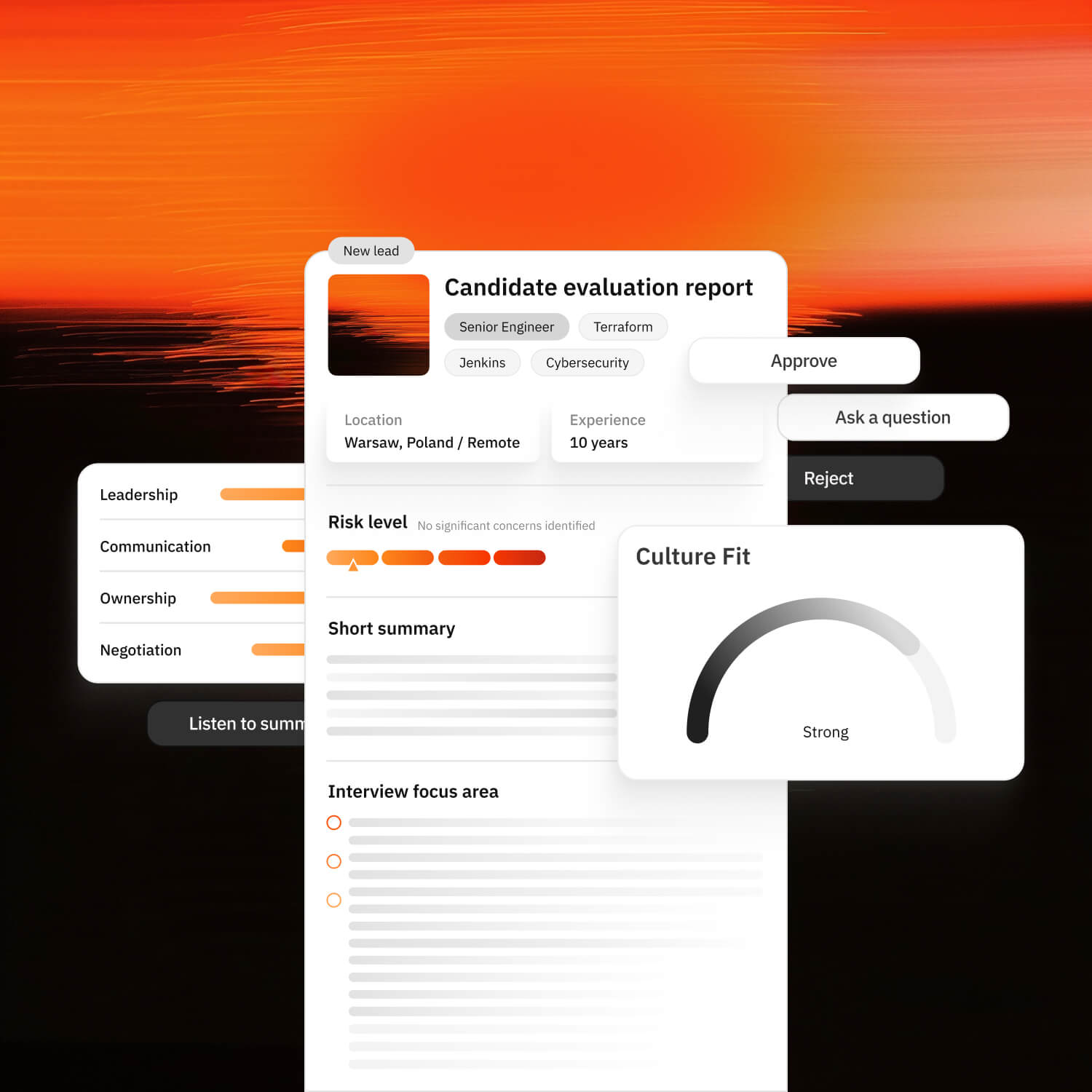 Candidate evaluation report interface showing skills assessment, culture fit score, and interview focus areas, displayed against an abstract orange and black background.