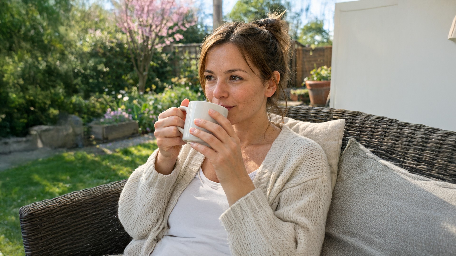Entspannte Frau sitzt bei Tageslicht in einem Garten auf einer Terrasse und hält eine Tasse in den Händen, ruhige und achtsame Stimmung, natürliche Hautstruktur sichtbar, Symbol für bewusste Auszeit während der Fastenzeit