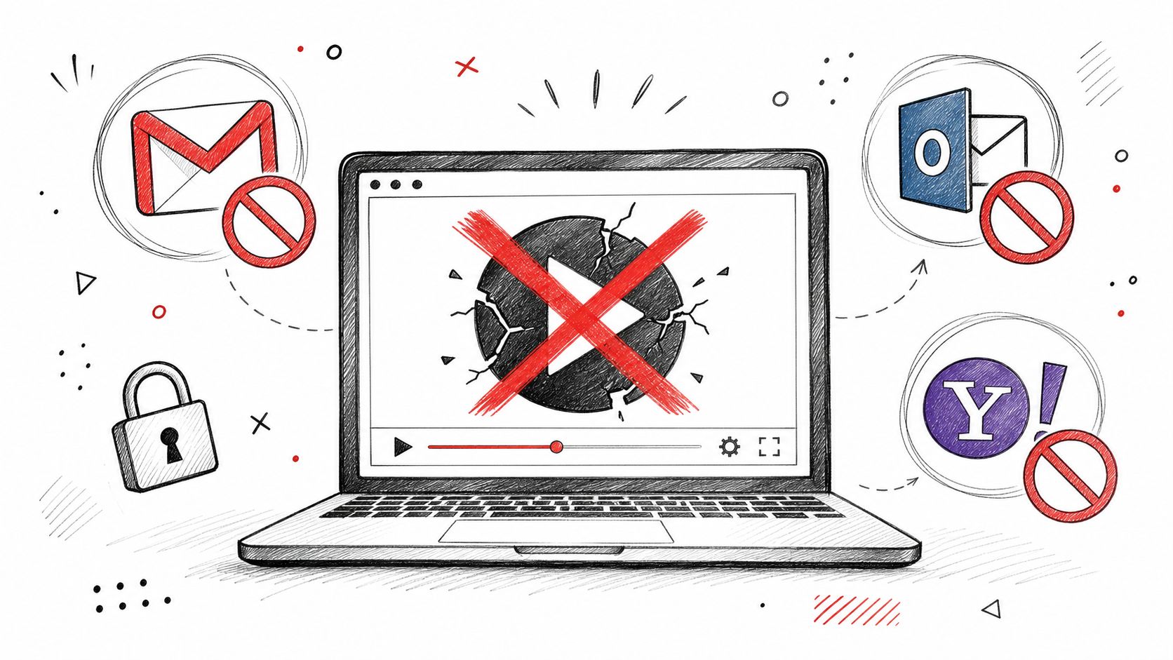 A pencil sketch of a laptop displaying a broken video icon with blocked email icons nearby.