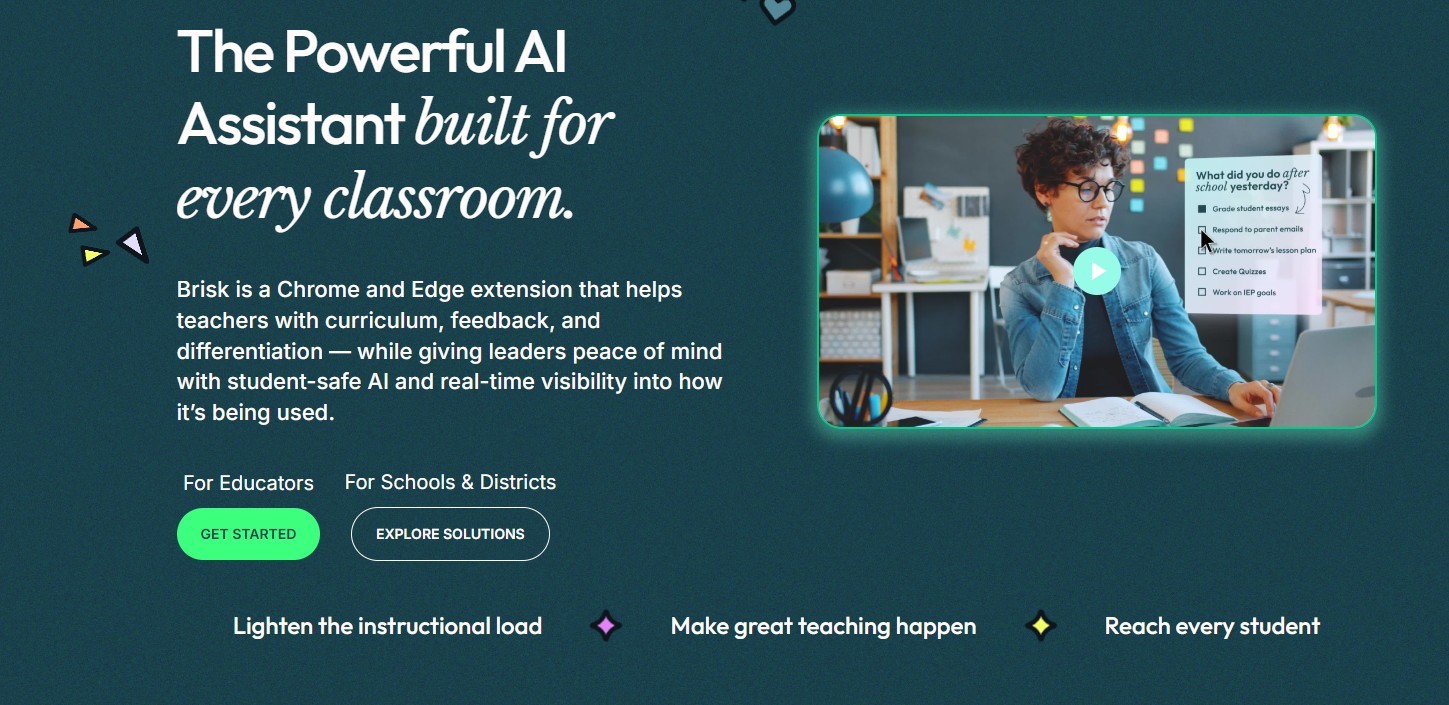Brisk AI assistant Chrome extension for teachers showing student using AI in teaching for curriculum planning, feedback, and classroom differentiation