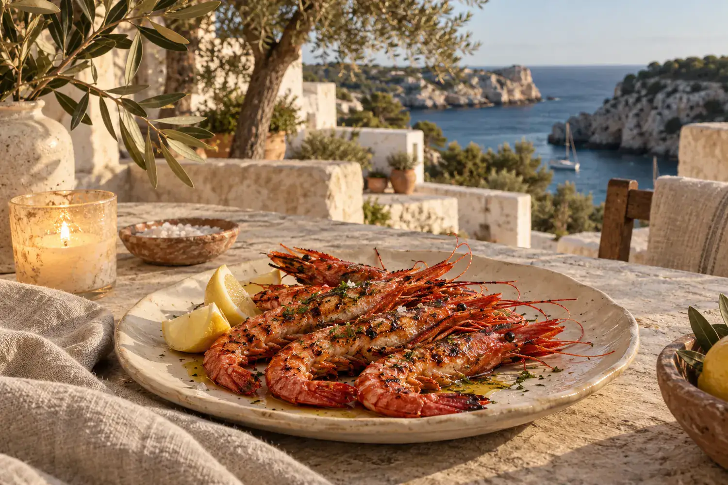 Grilled red prawns on a ceramic plate at a candlelit table