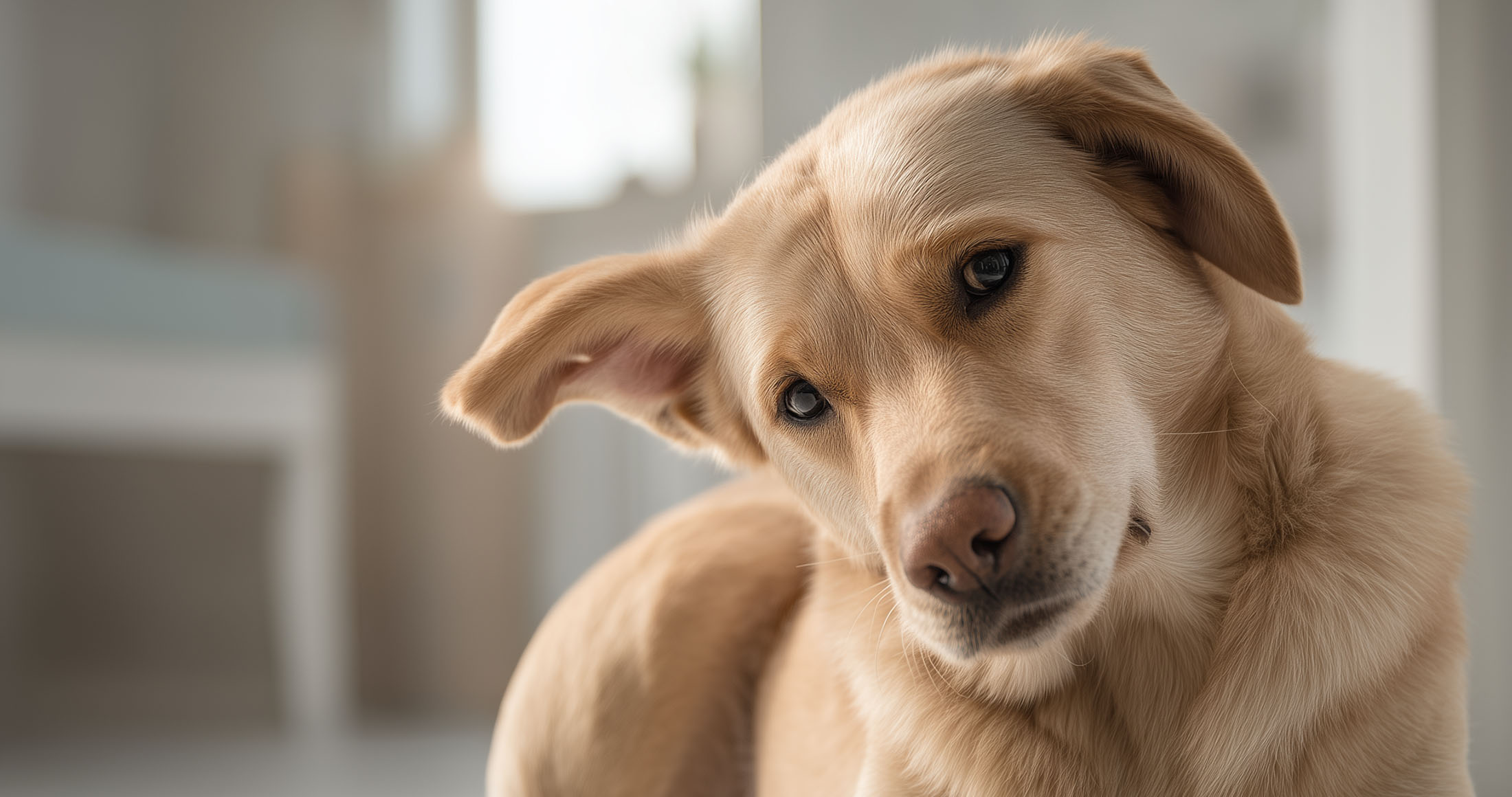 A curious golden retriever puppy tilts its head while looking playfully at the camera in a softly lit room.