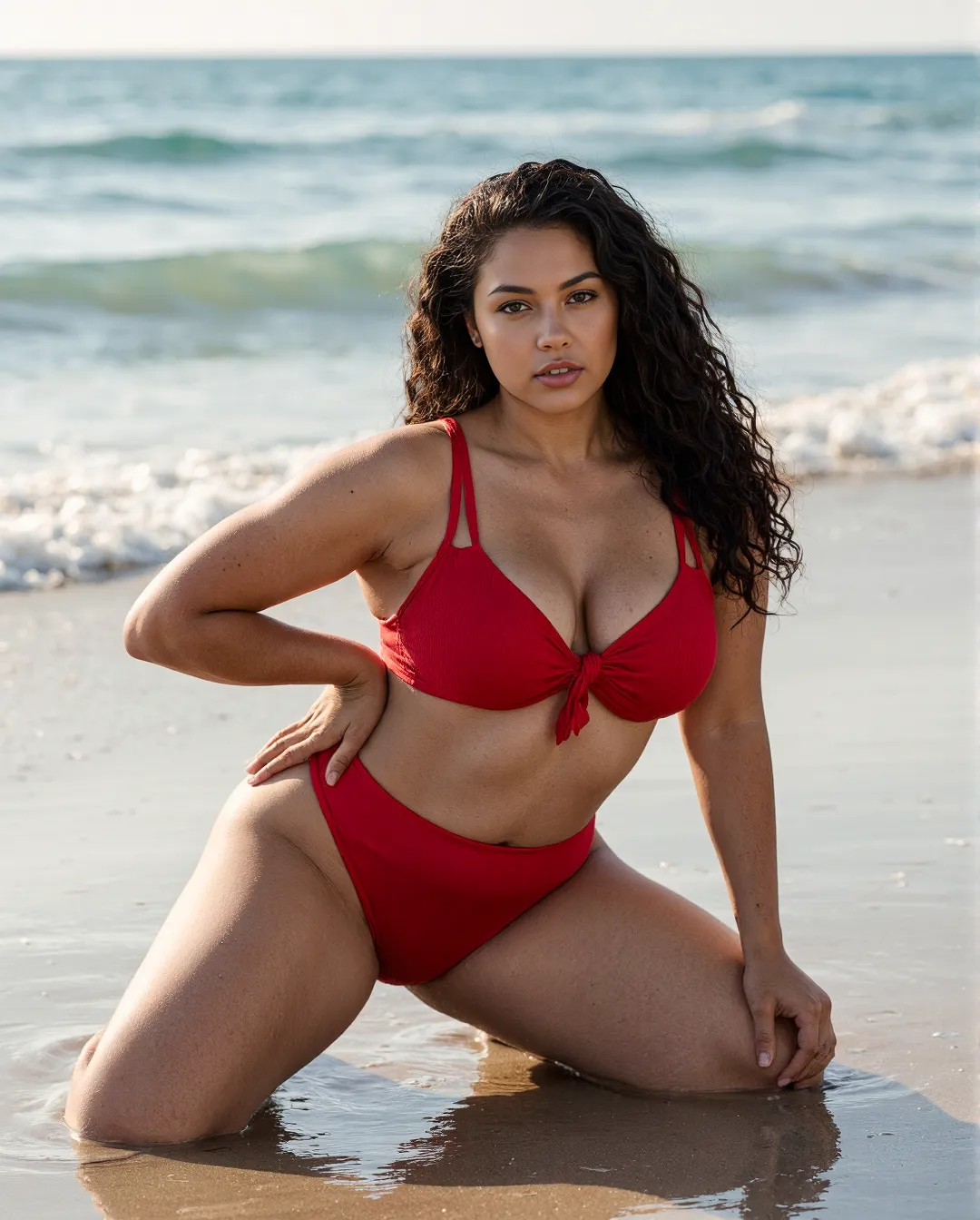 Vibrant red swimsuit against turquoise ocean waves on sandy beach with soft natural lighting highlighting swimwear details