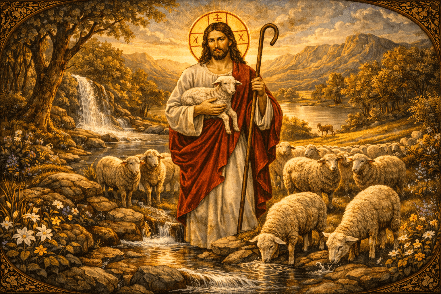 Psalm 23 Byzantine Christian image of Jesus as the Good Shepherd with sheep beside still waters, symbolising God’s guidance, protection, provision and peace.