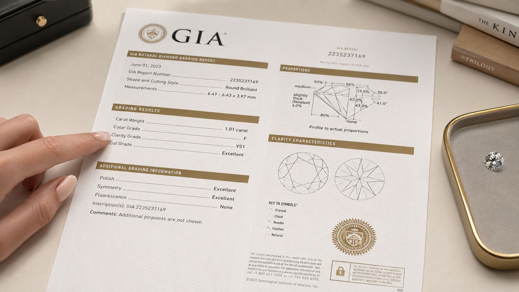 A hand points to the clarity grade on a GIA natural diamond grading report beside a loose diamond.