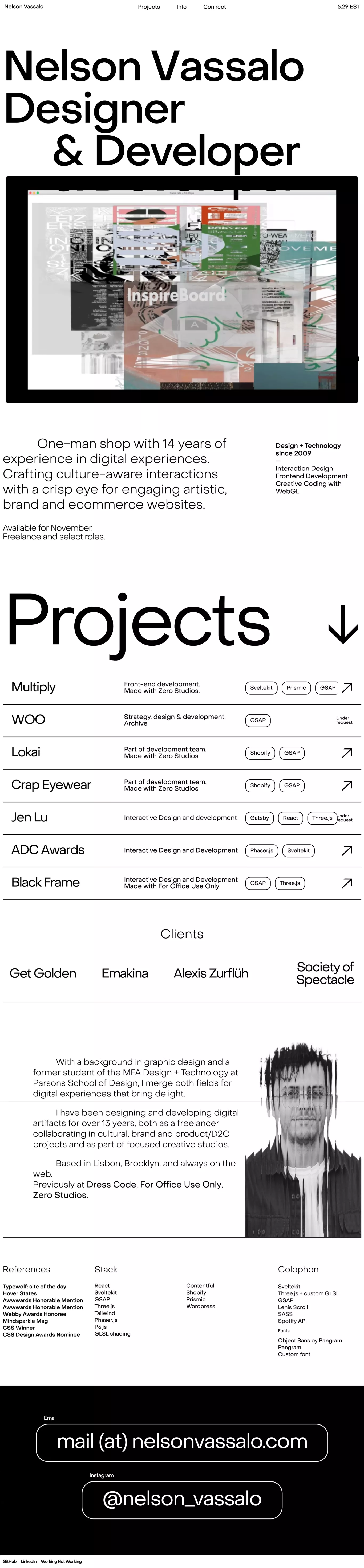 Nelson Vassalo portfolio page screenshot showcasing Design and Tech design