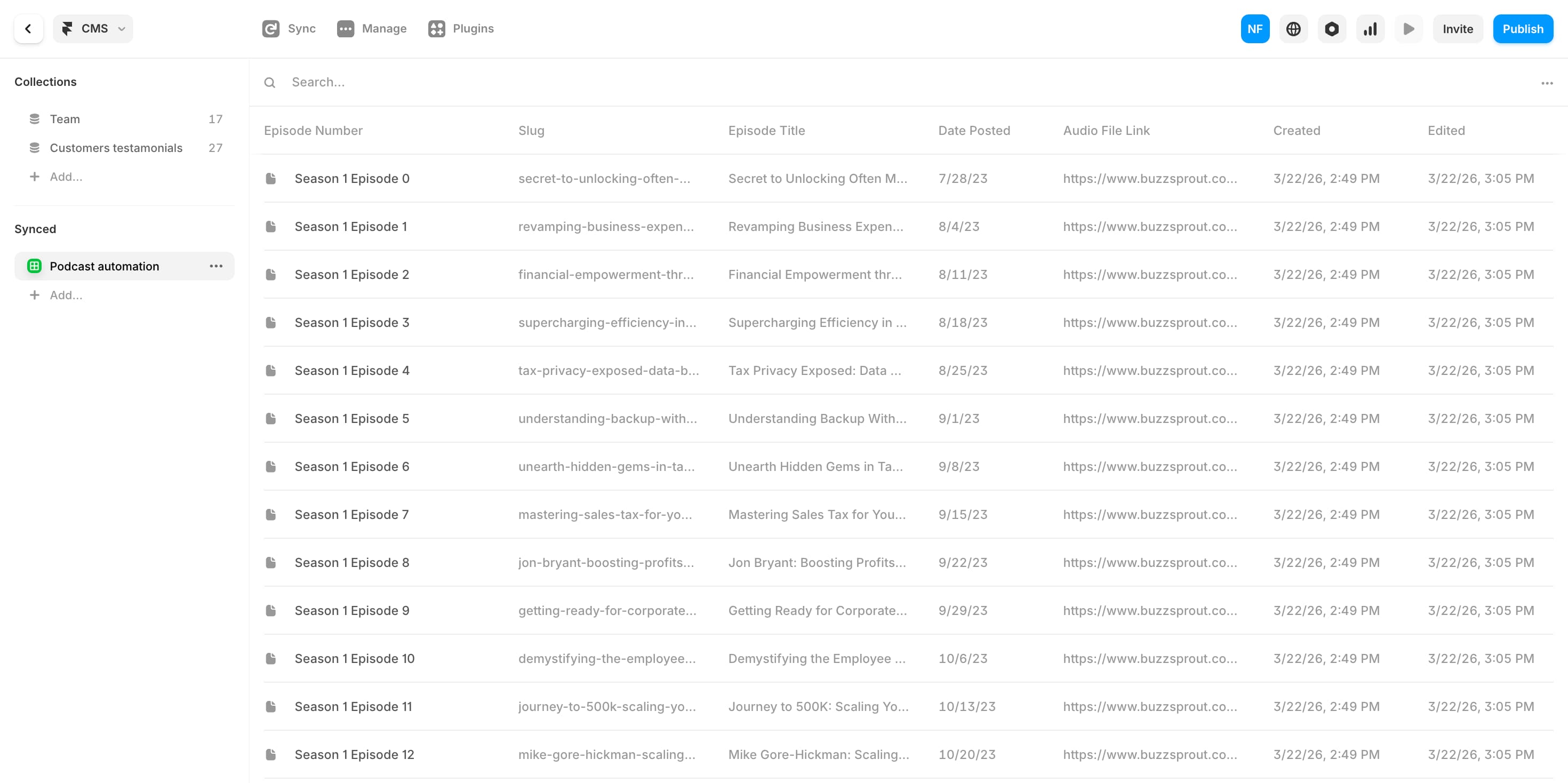 Screen shot of podcast CMS inside of Framer.