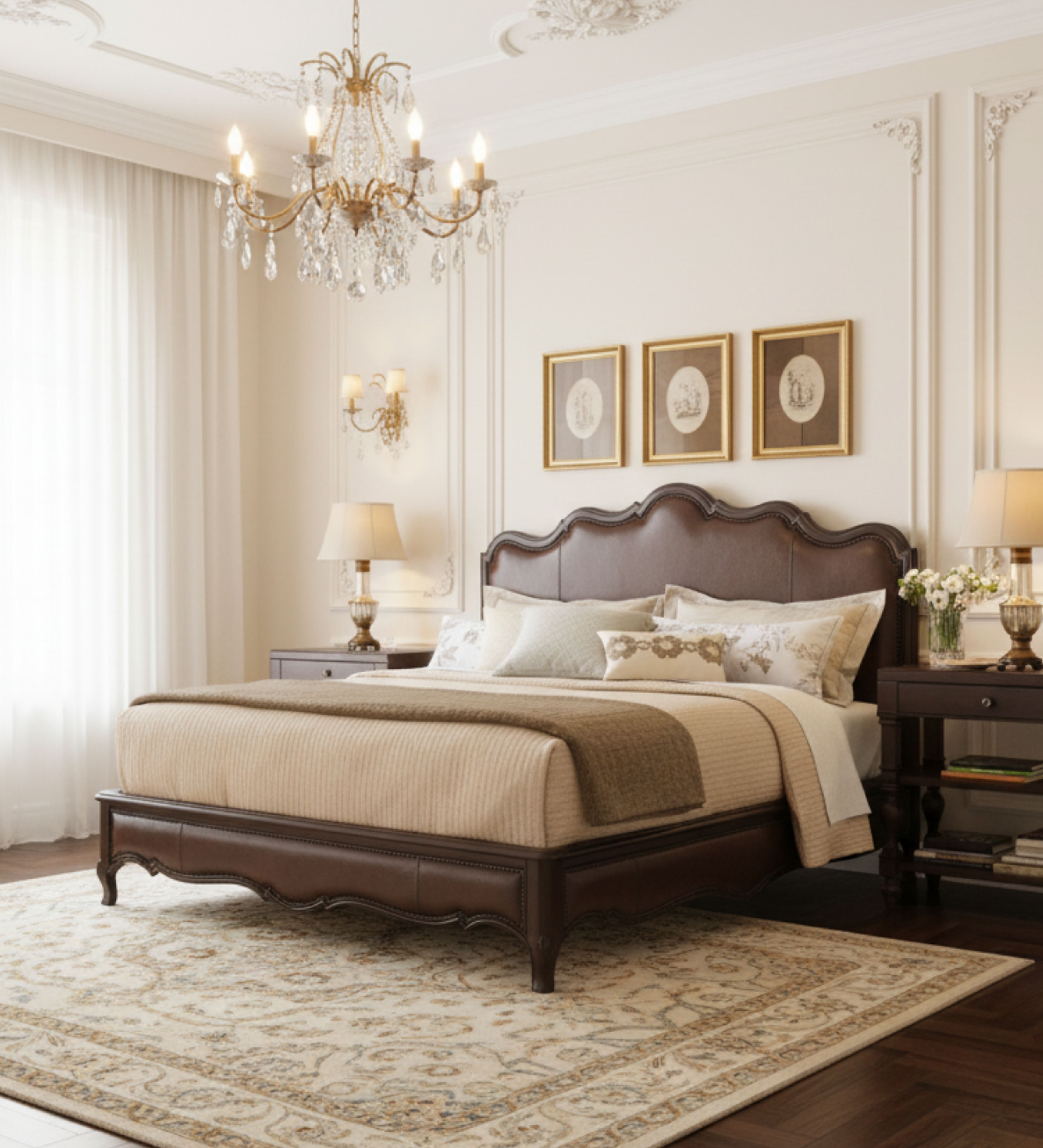 Classic wooden bed with curved headboard profile and carved frame detailing