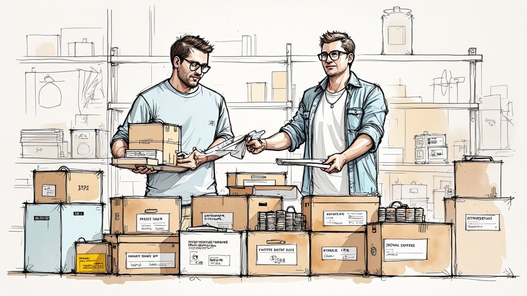 A neatly organized closet with stacked linens and toiletries for a vacation rental.