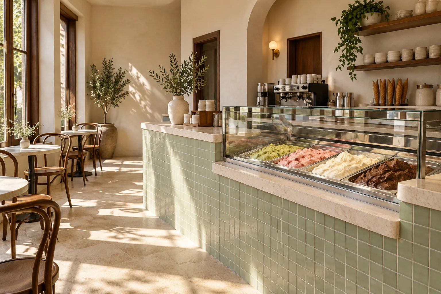 A sunny gelato parlour with a pistachio tiled counter and a glass display case